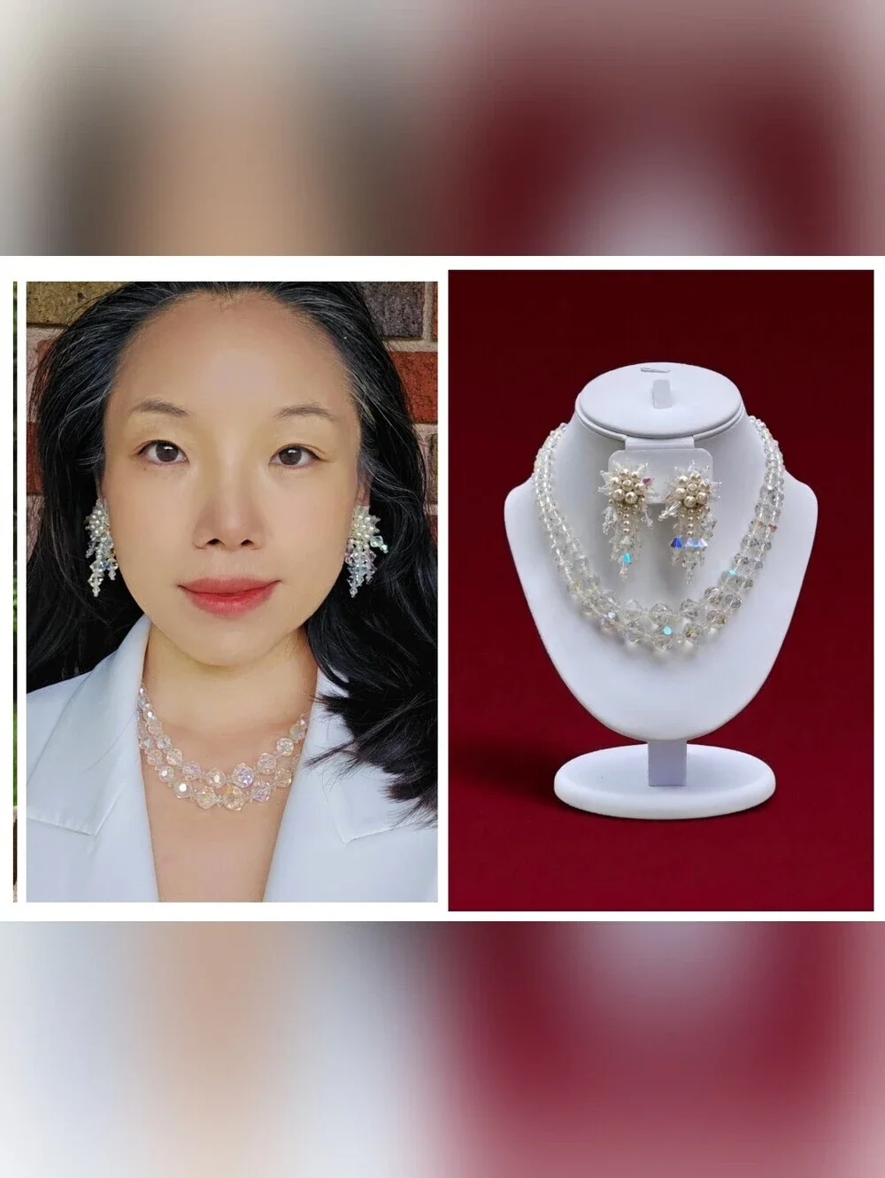 Vintage Crystal Necklace and Crystal Fuax Pearl Earrings Jewelry Set